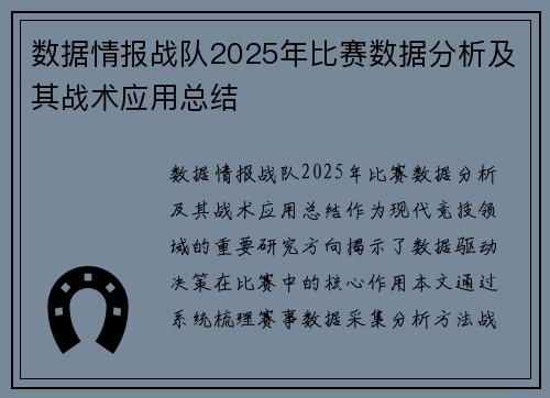 数据情报战队2025年比赛数据分析及其战术应用总结